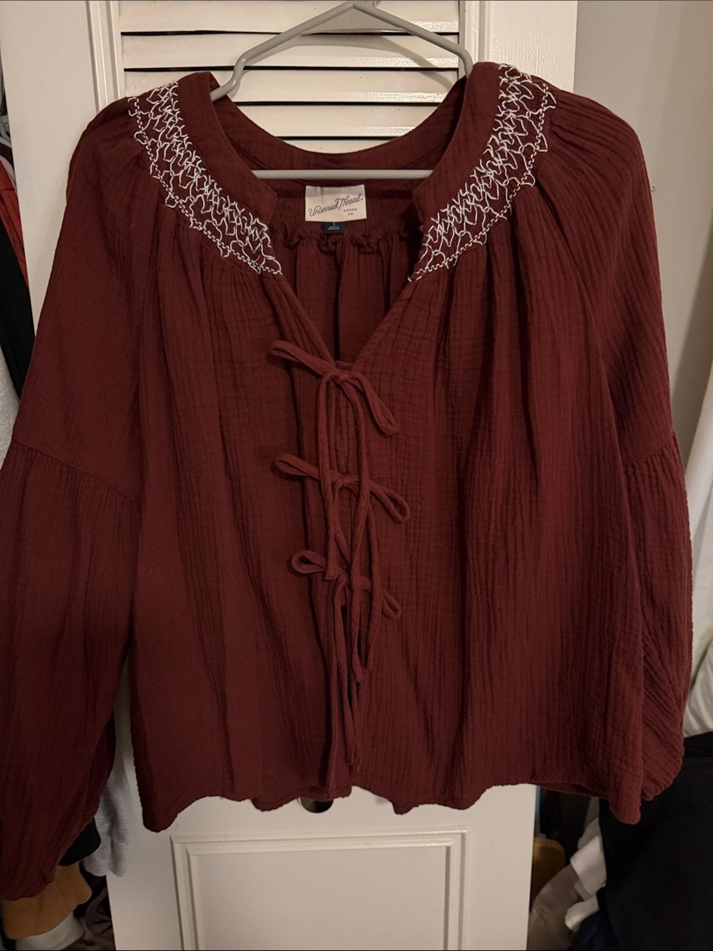 Universal Thread Burgundy Tie-Front Peasant Blouse with White Embroidery